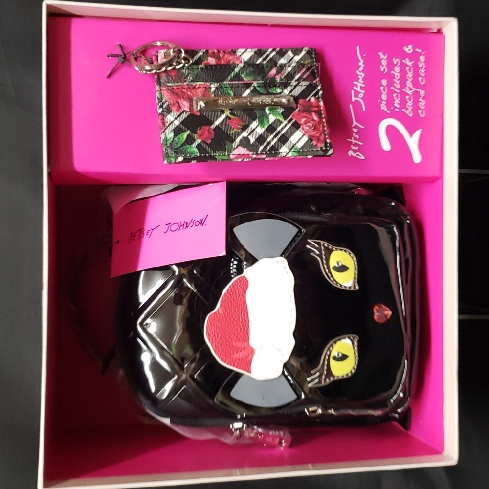Betsey Johnson NWT 2-piece Backpack and Card Case Holiday Kitty Set